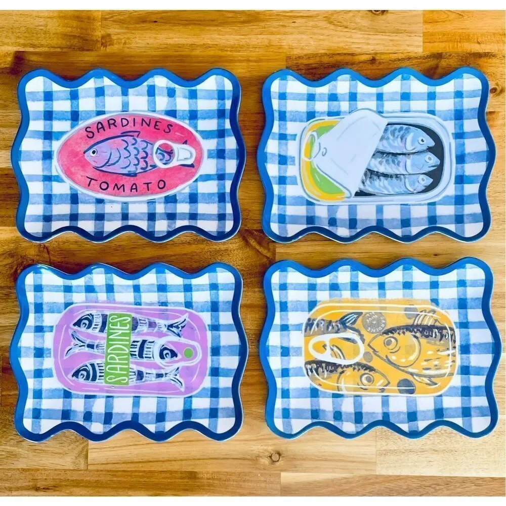 NWT C&C California Set of 4 Sardines Square Melamine Appetizer 9” plates Trays
